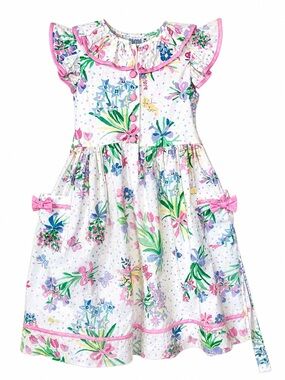 Vintage Y2K Simi Girls Floral Dress 5 Pink Bows Cottagecore Easter Spring USA